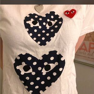 Comme des Garcons White Tee with Navy Polka Dot Heart Motifs and Red Heart Patch